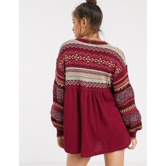 Free People Sweater XS Cabin Fever Oversized Pullover Pomegranate Boho Thermal - Picture 2 of 16